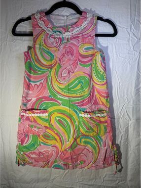 Lilly Pulitzer Girls Size 10 Flamingo Tropical Print Shift Dress Pink Green